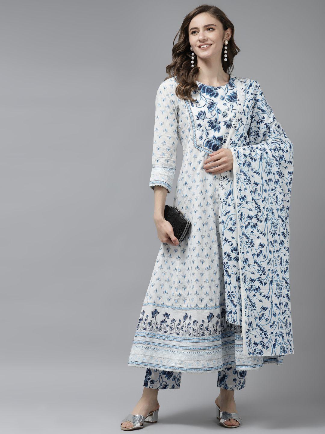 prakrti women white & blue ethnic motifs printed pure cotton kurta with trousers & dupatta