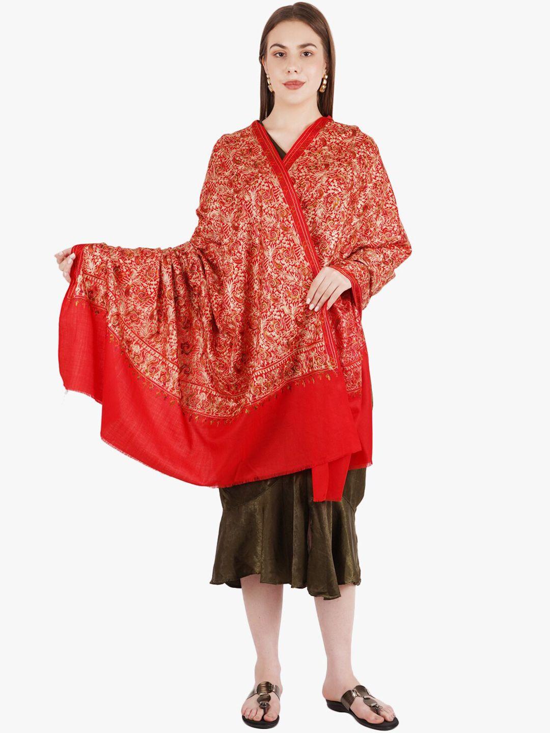 muffly women red embroidered pashmina woolen shawl