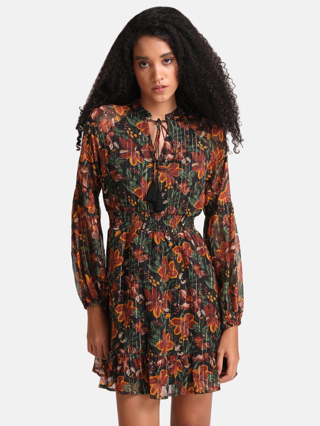 kazo green & brown floral tie-up neck dress