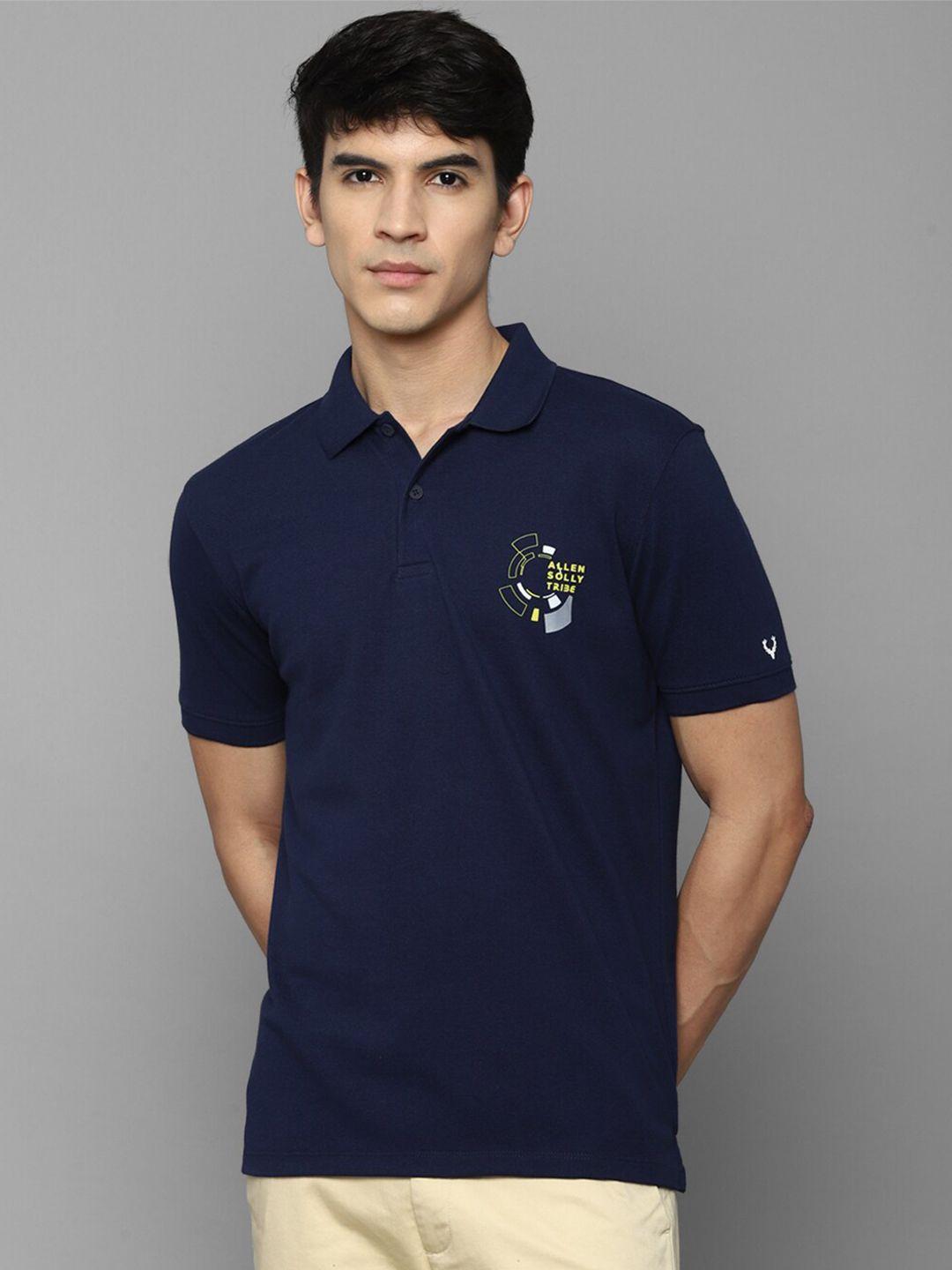 allen solly tribe men navy blue solid polo collar pure cotton t-shirt