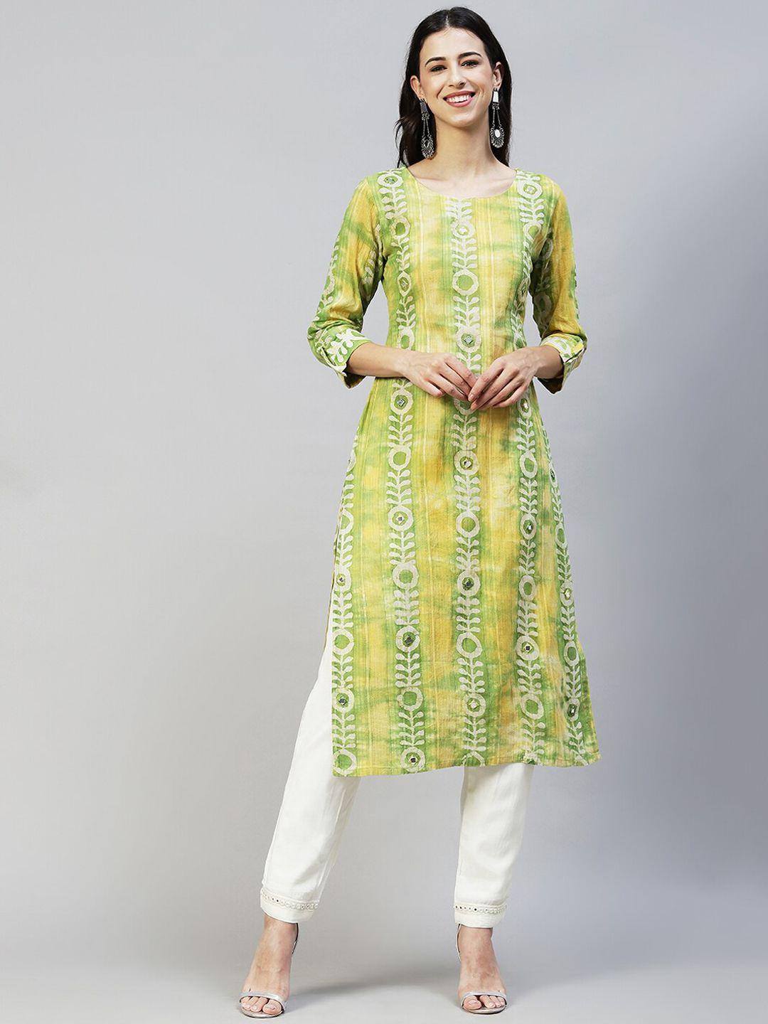 fashor women green ethnic motifs dyed mirror work kurta