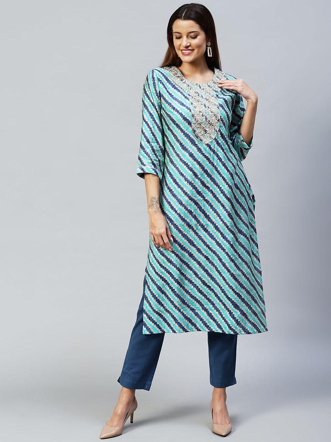 fashor women blue & navy blue striped thread work kurta