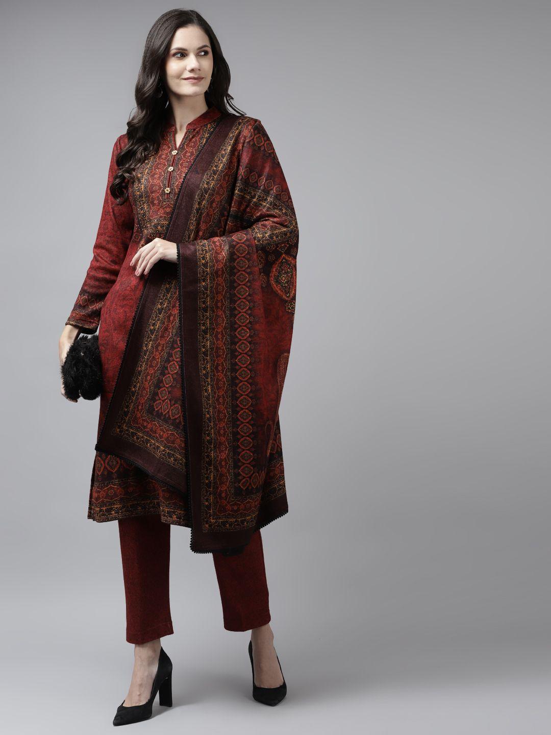 cayman women maroon ethnic motifs woollen kurta with trousers & dupatta