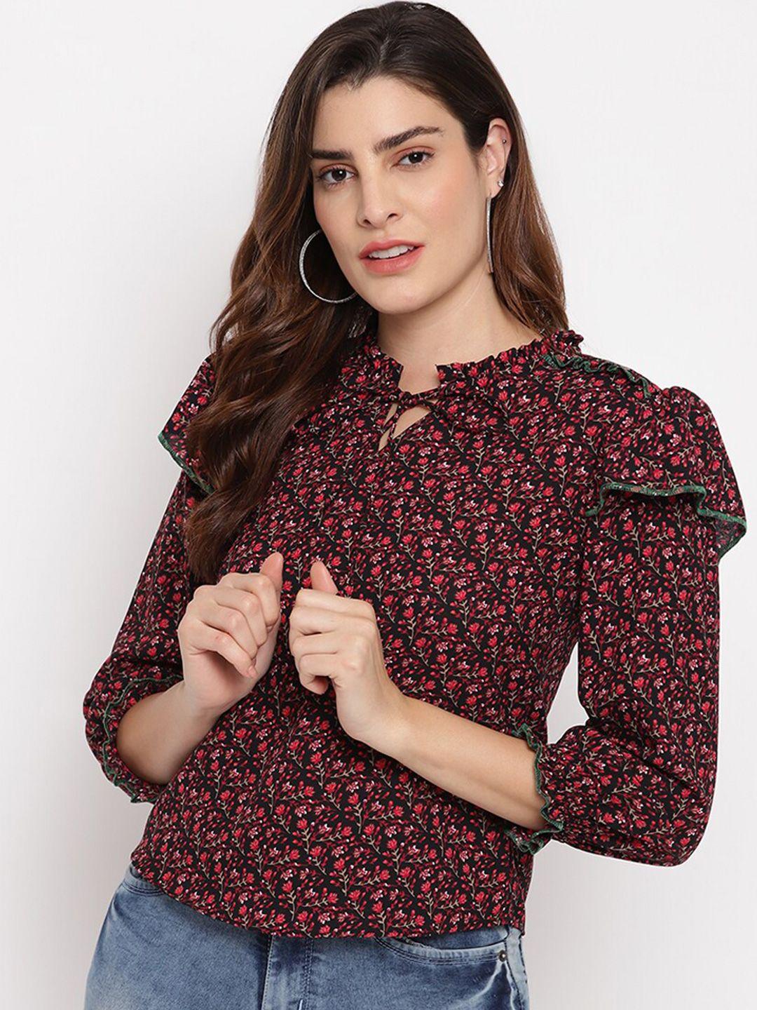 marc loire maroon floral print tie-up neck top