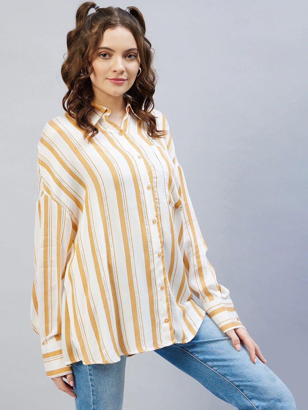 chimpaaanzee women mustard relaxed boxy striped casual shirt