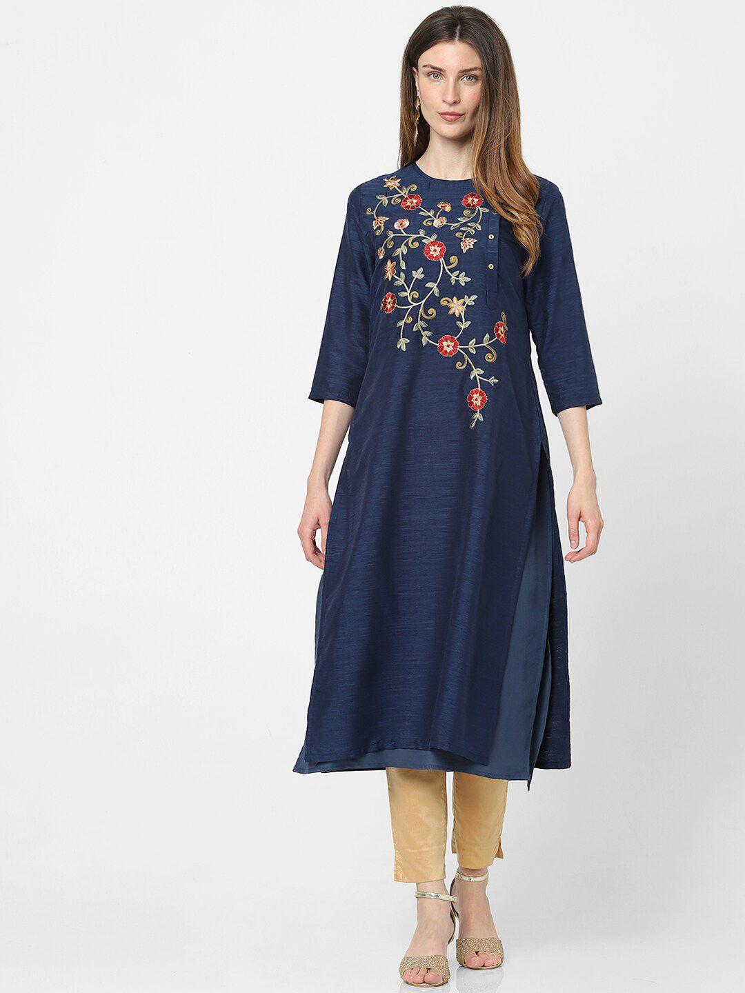 indifusion women blue floral embroidered kurta