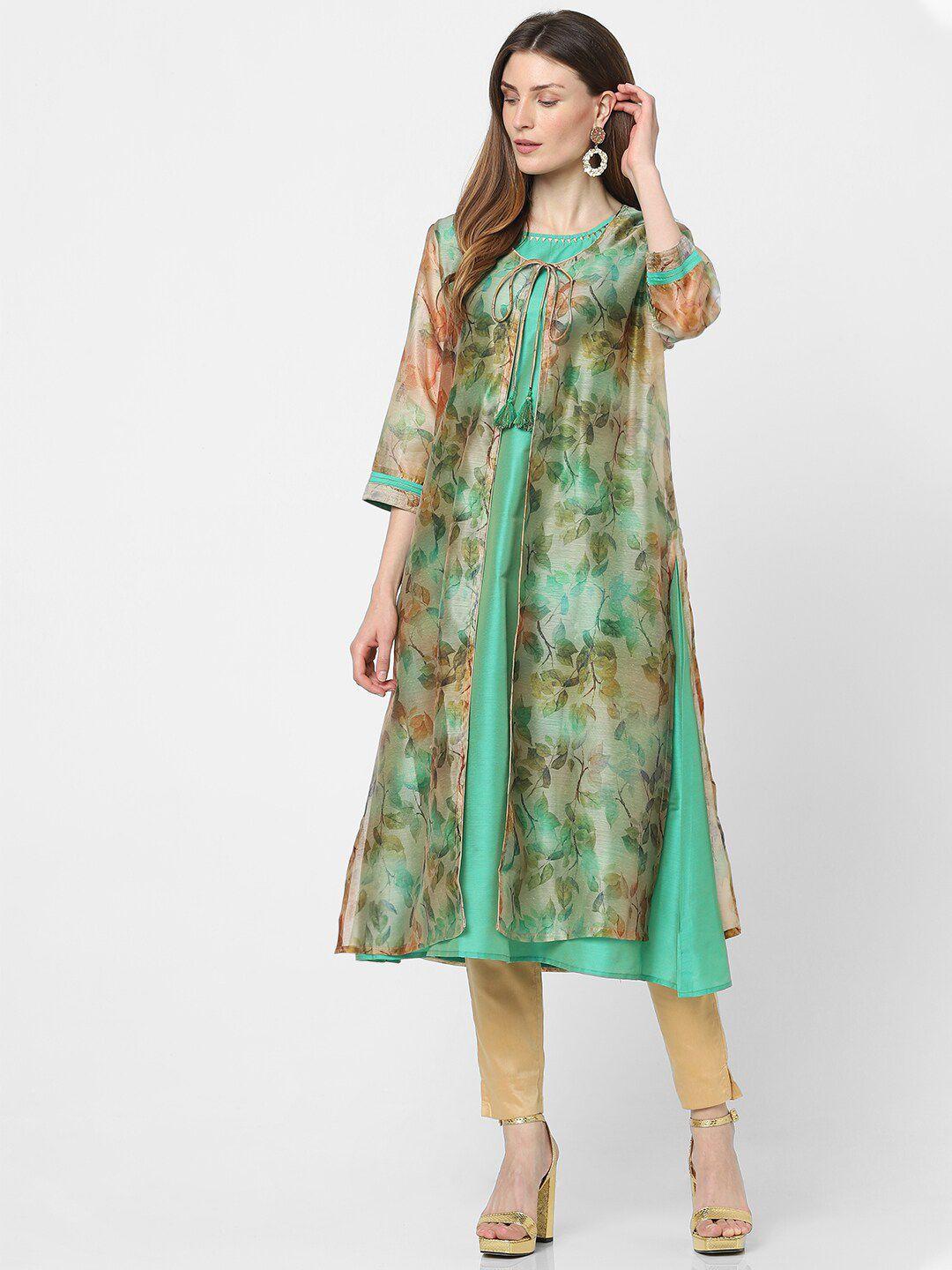 indifusion women green floral printed kurta