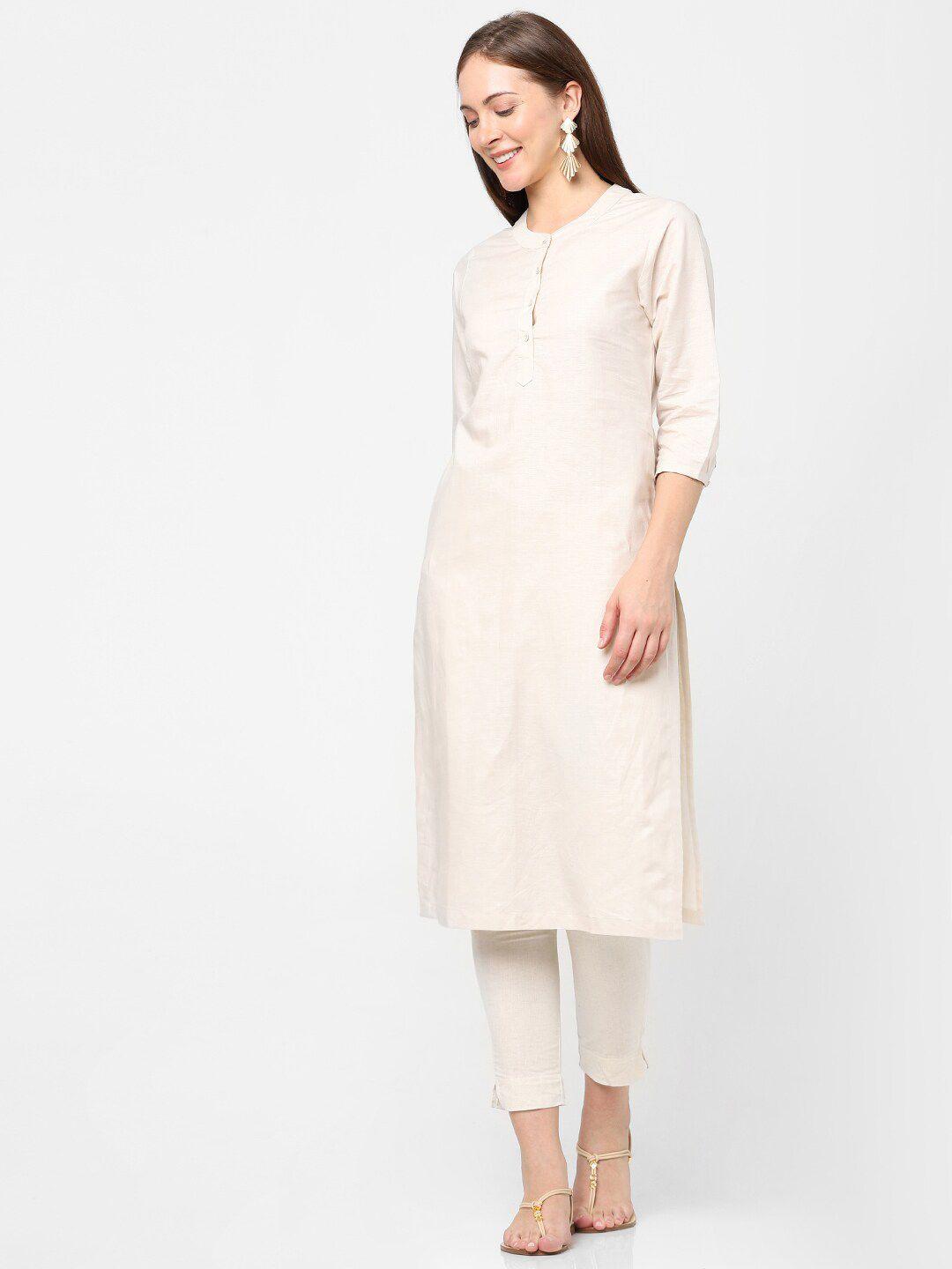 indifusion women off white solid cottonkurta