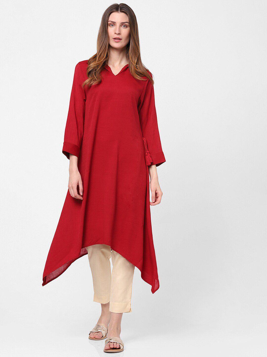 indifusion women dobby red asymmetric kurta