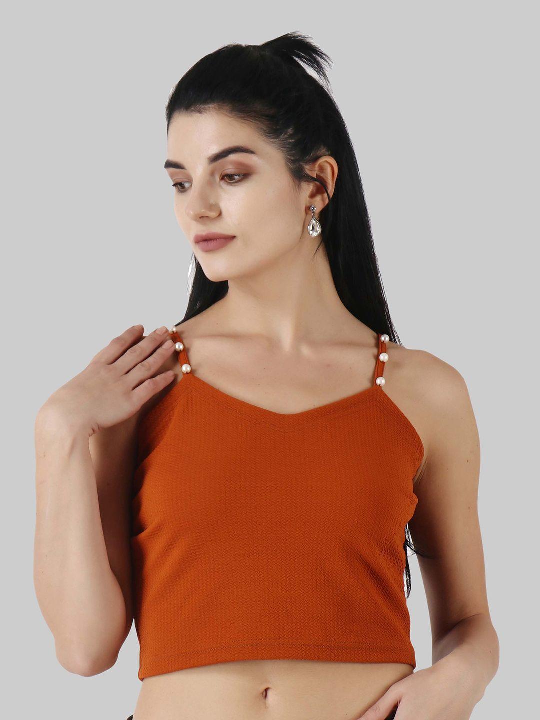 popwings women rust pearl design strap crop top