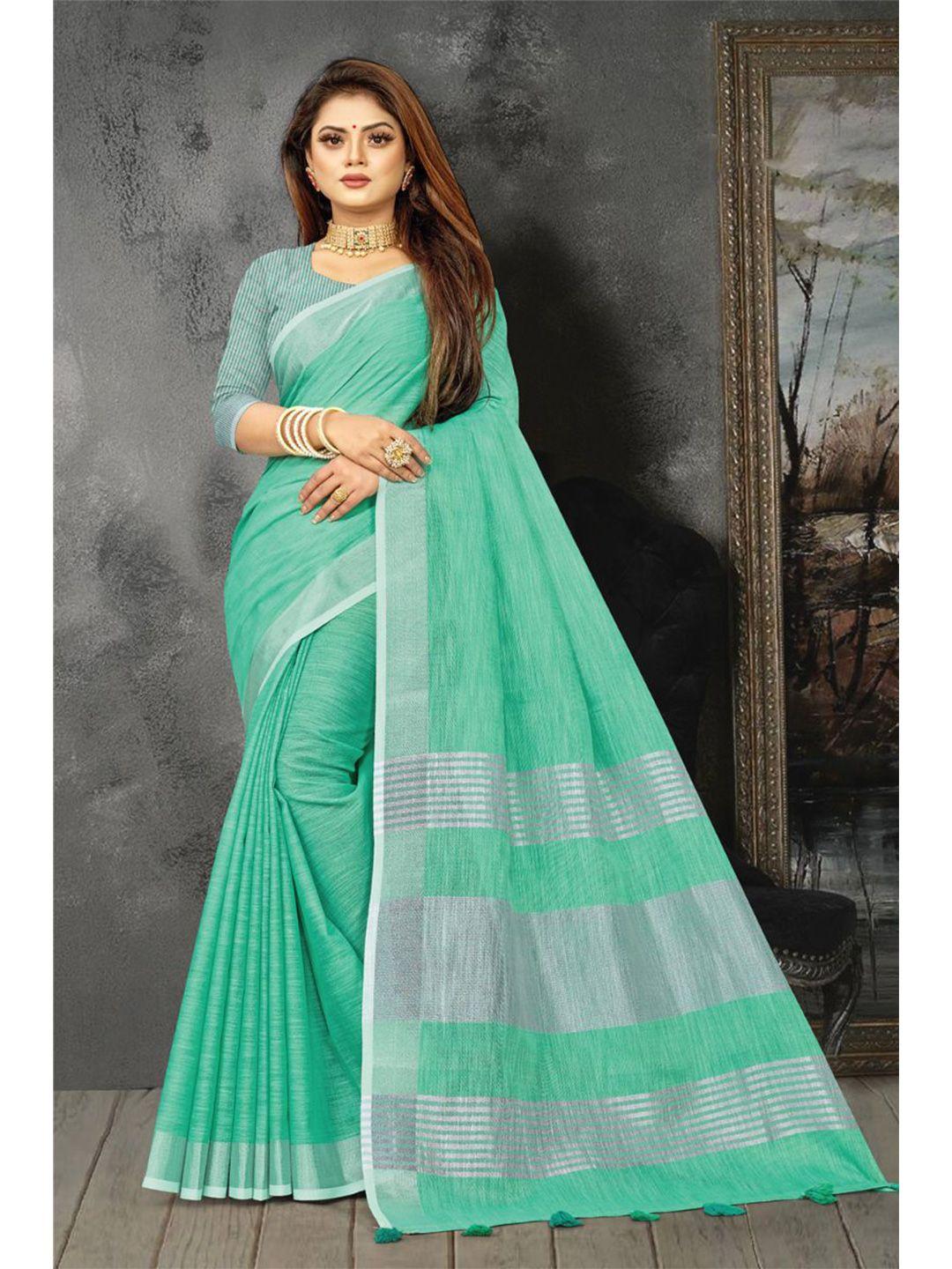 karagiri women turquoise blue & white linen blend saree