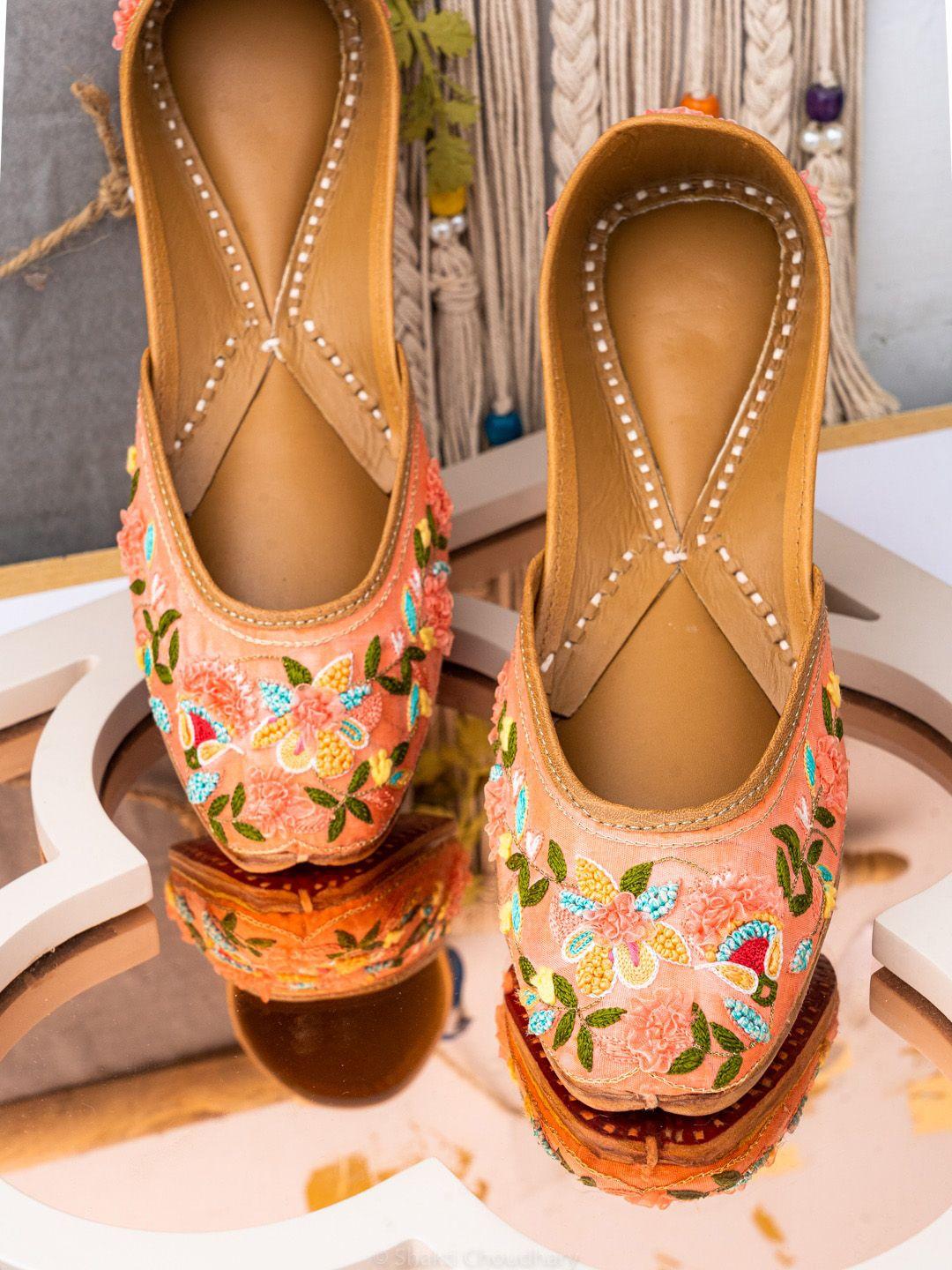 nr by nidhi rathi women rose gold embellished ethnic mojaris flats