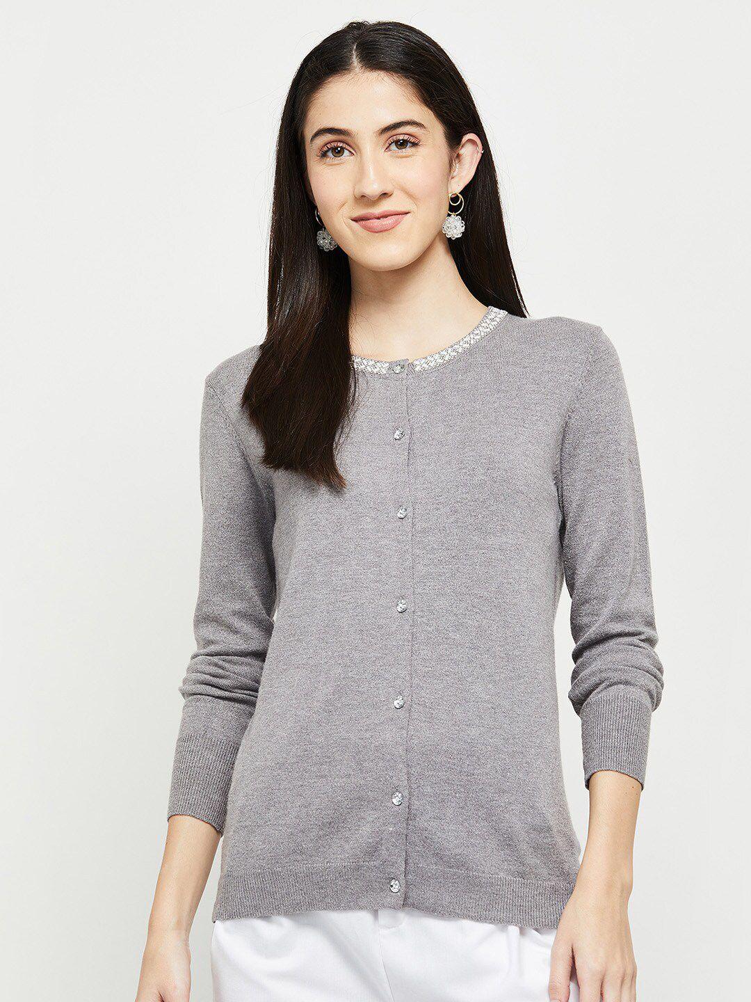 max women grey solid round neck front open cardigan