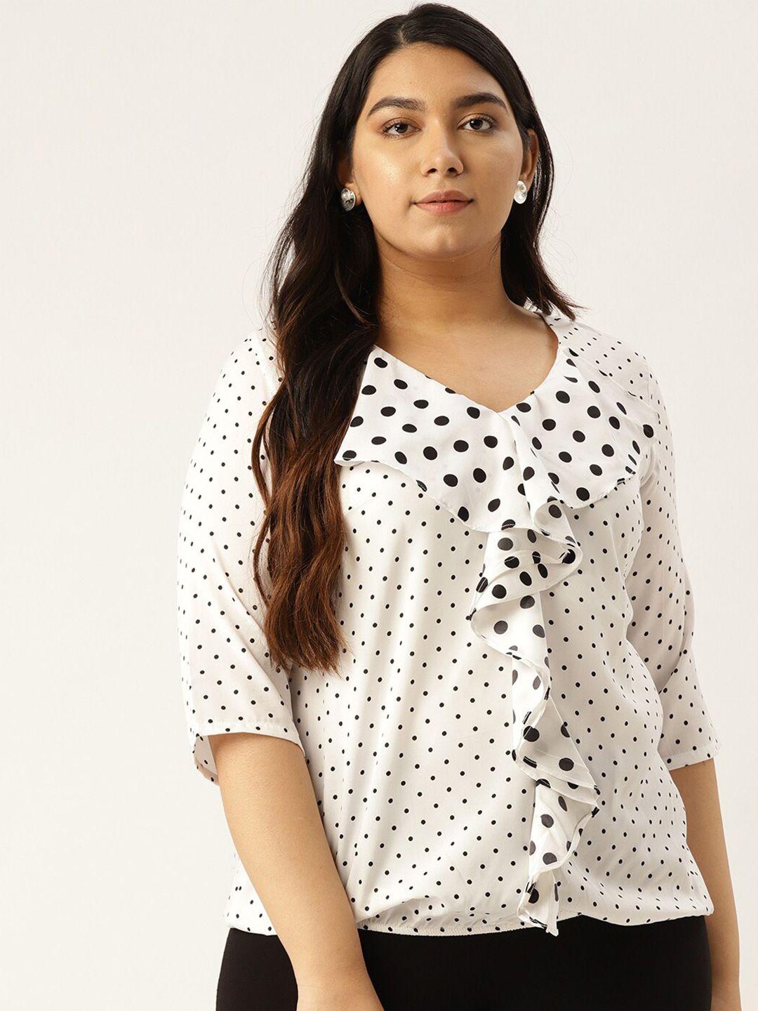 therebelinme plus size women white & black print ruffles crepe top