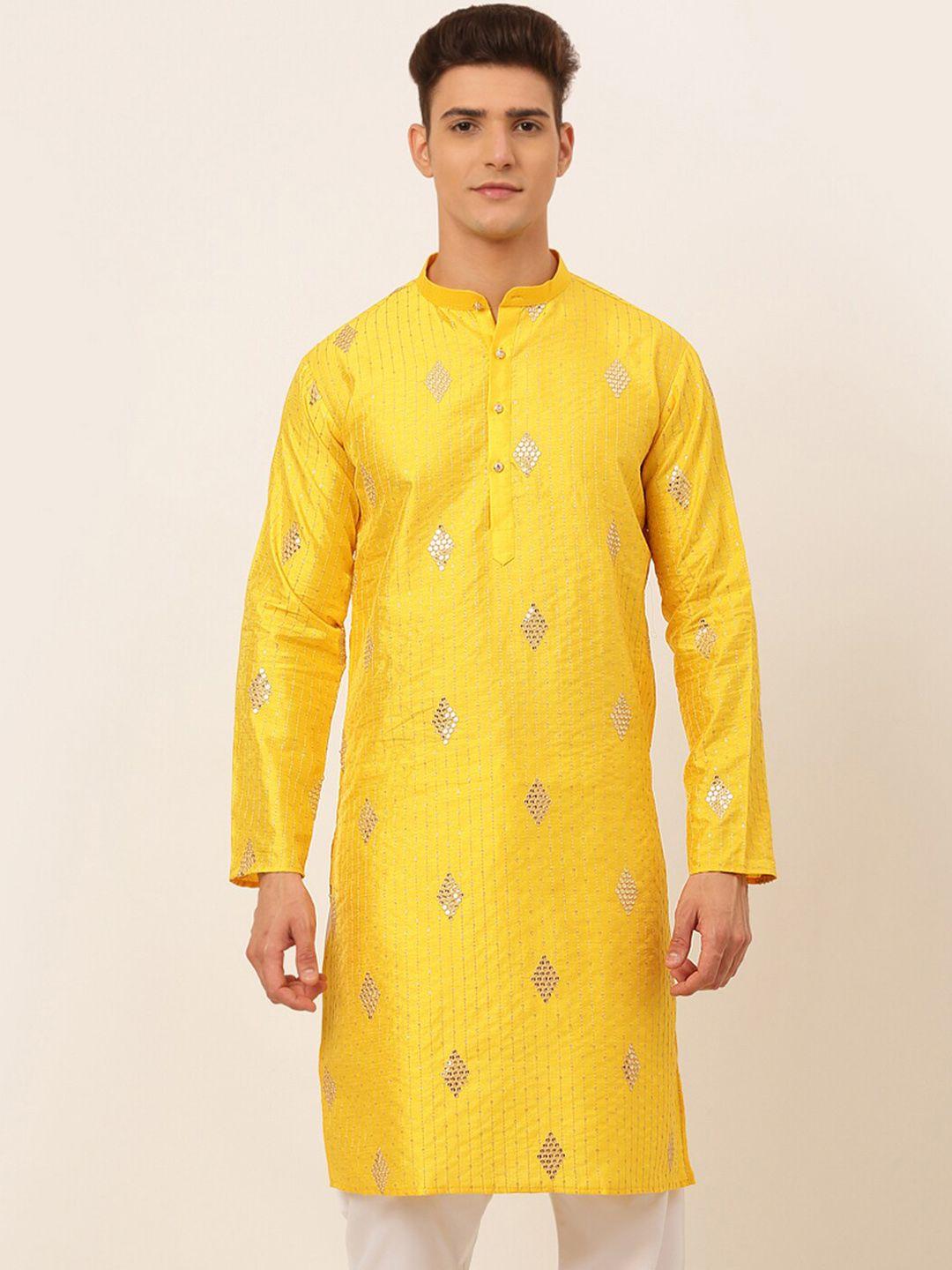 jompers men mustard yellow embellished kurta