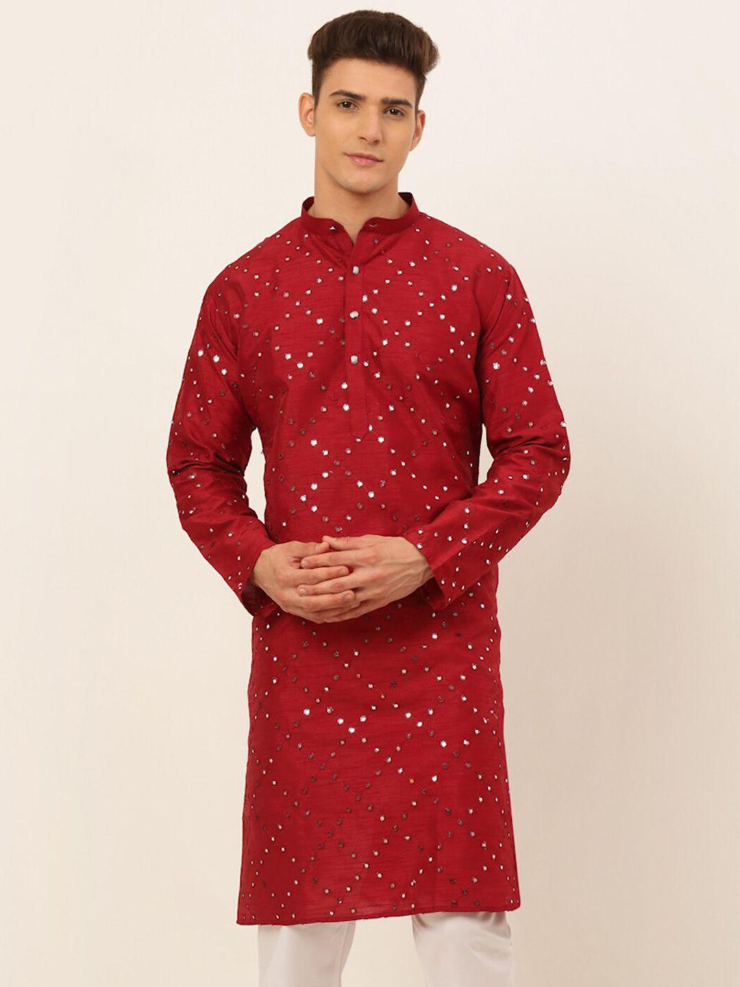 jompers men maroon ethnic motifs embroidered mirror work kurta