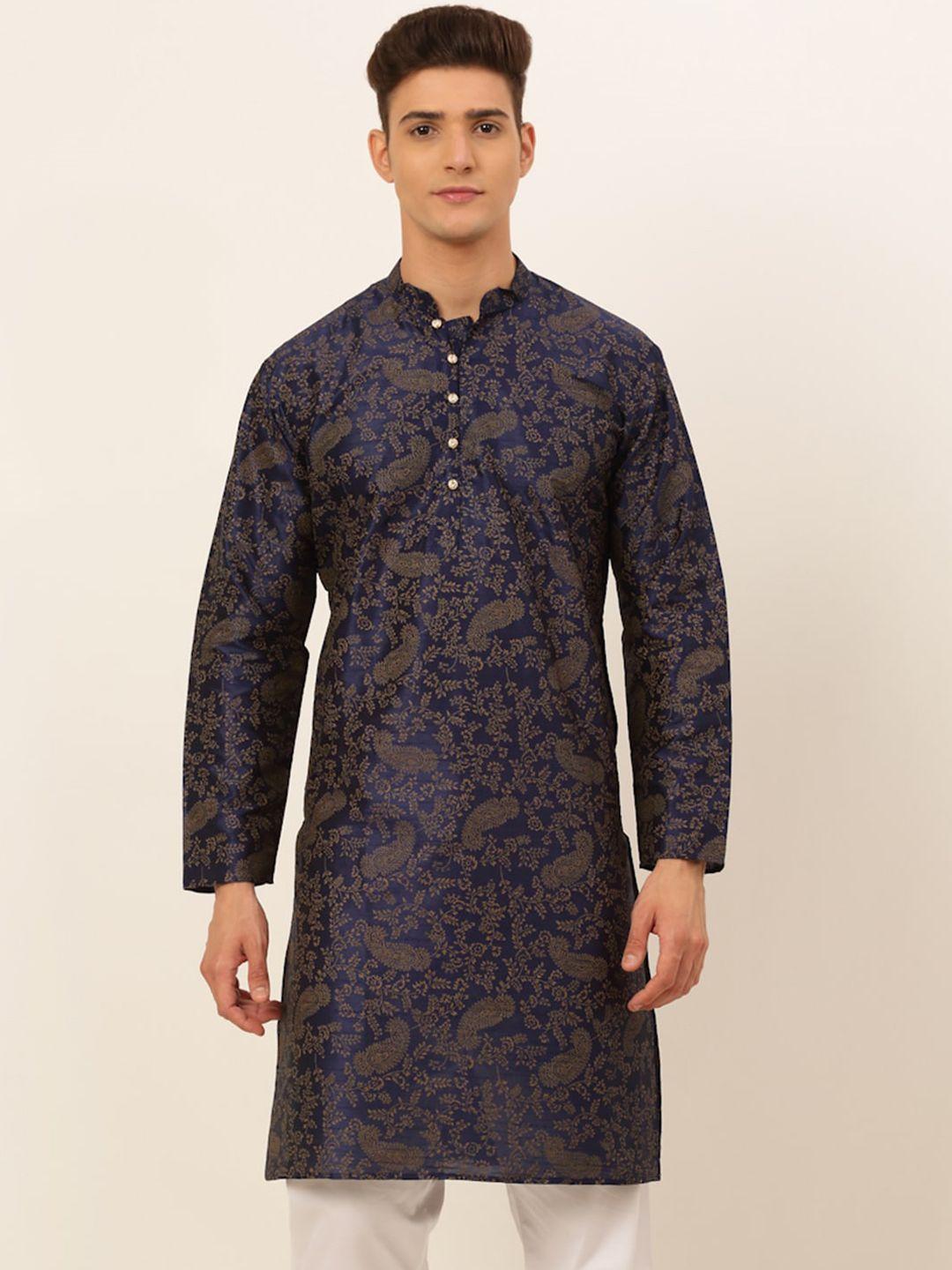 jompers men navy blue paisley printed thread work kurta