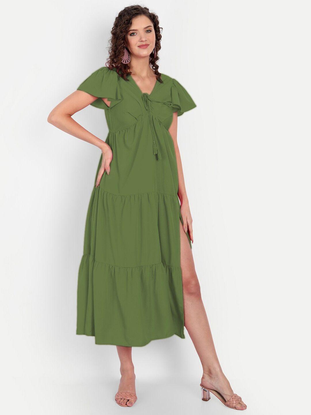 minglay olive green organic cotton crepe a-line midi dress