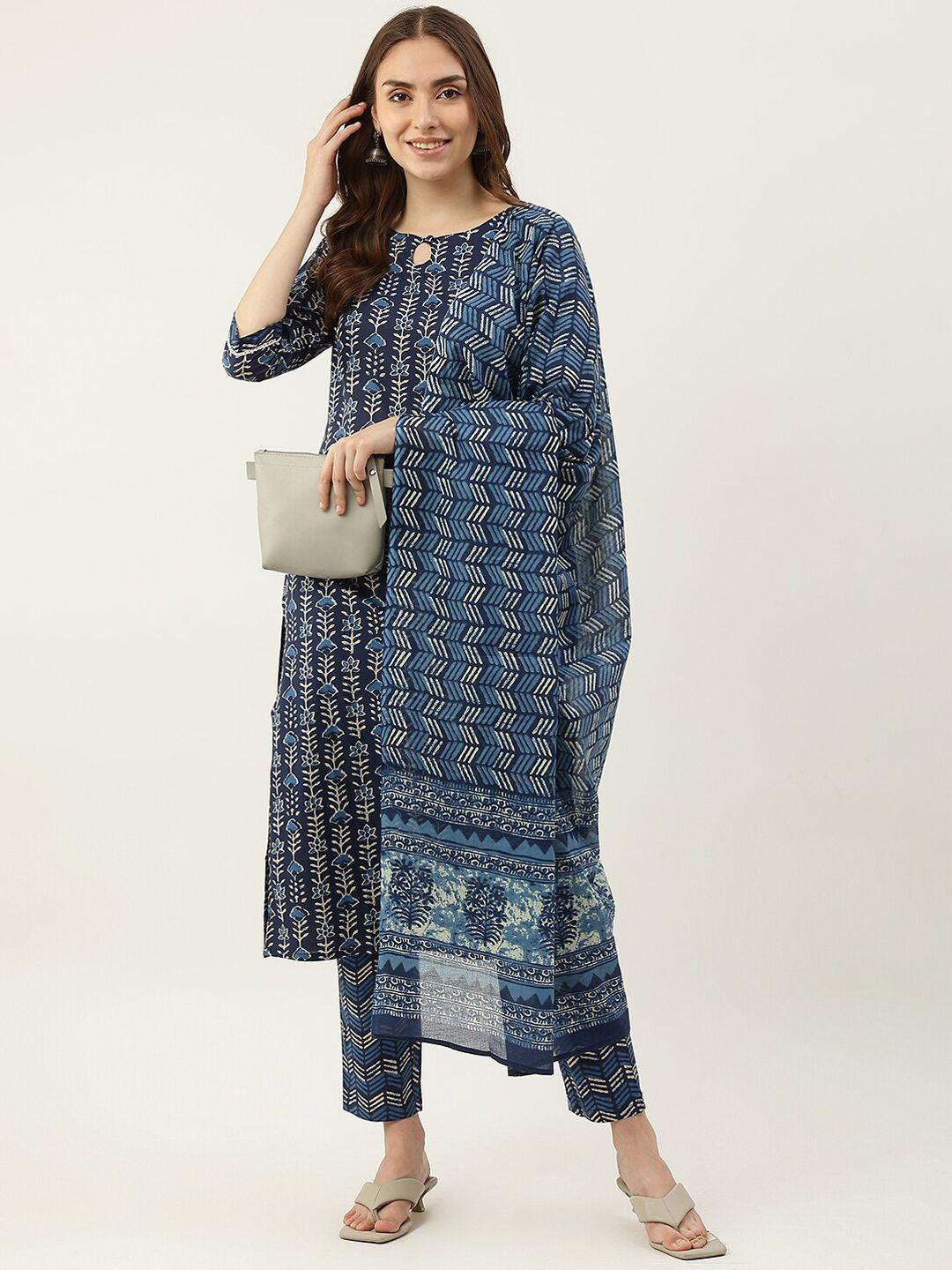 fiorra women blue printed pure cotton kurta with trousers & with dupatta