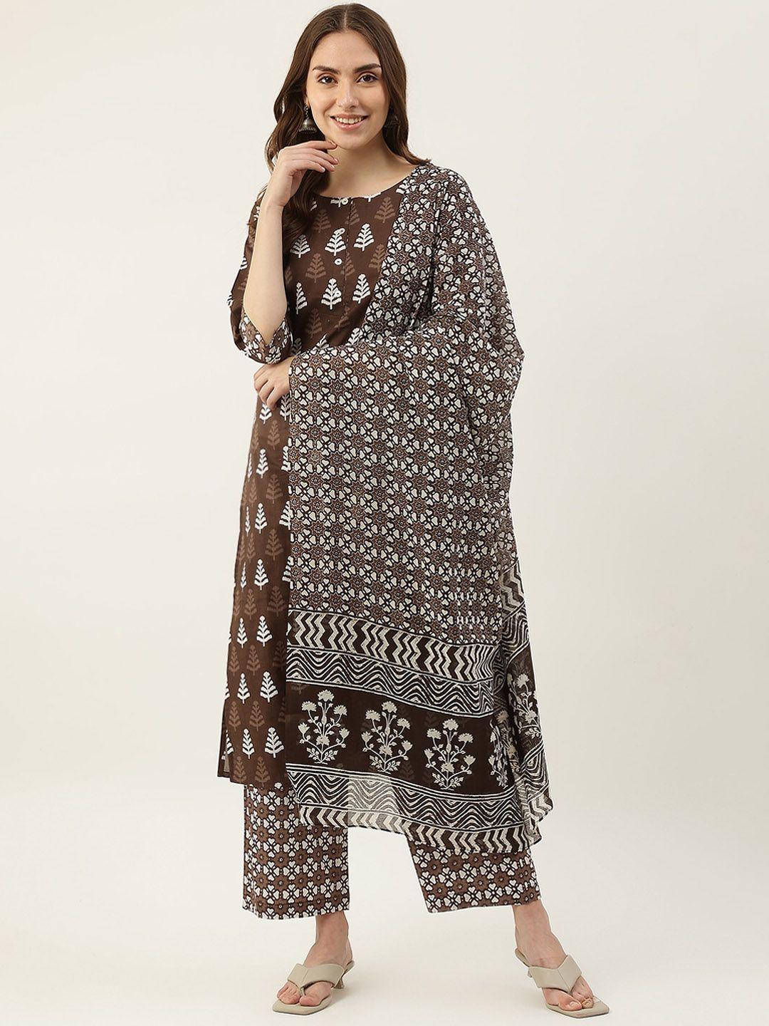 fiorra women brown printed pure cotton kurta with palazzos & with dupatta