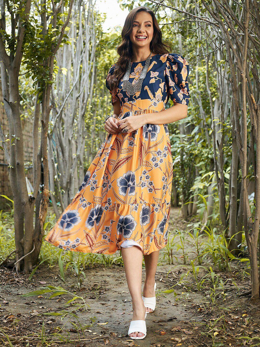 athena mustard yellow & blue floral crepe empire midi dress