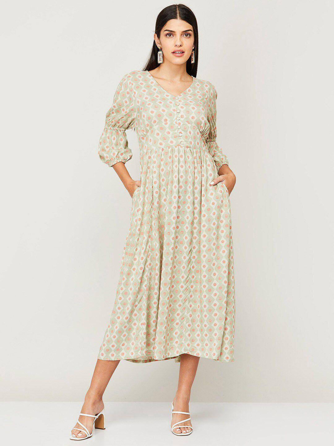 colour me by melange green printed cotton a-line midi dress