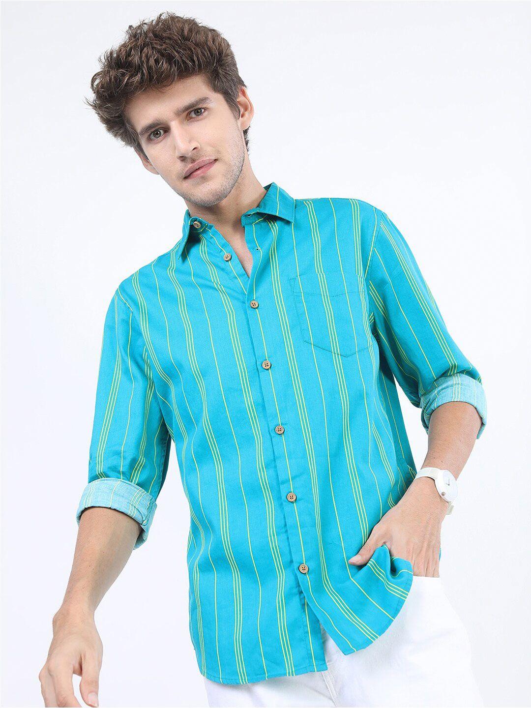 ketch men teal slim fit striped casual shirt