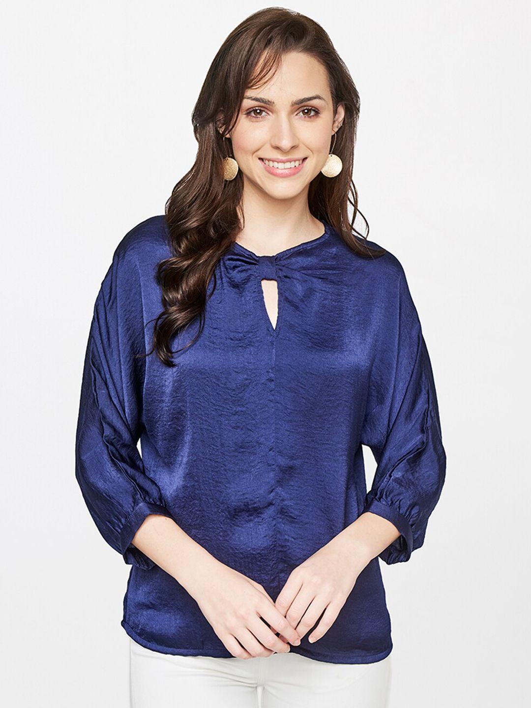 and women blue keyhole neck top