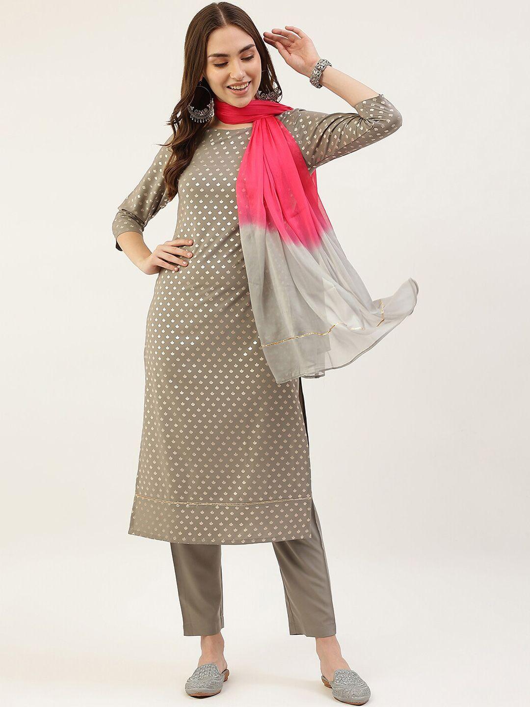 fiorra women grey ethnic motifs printed kurta with trousers