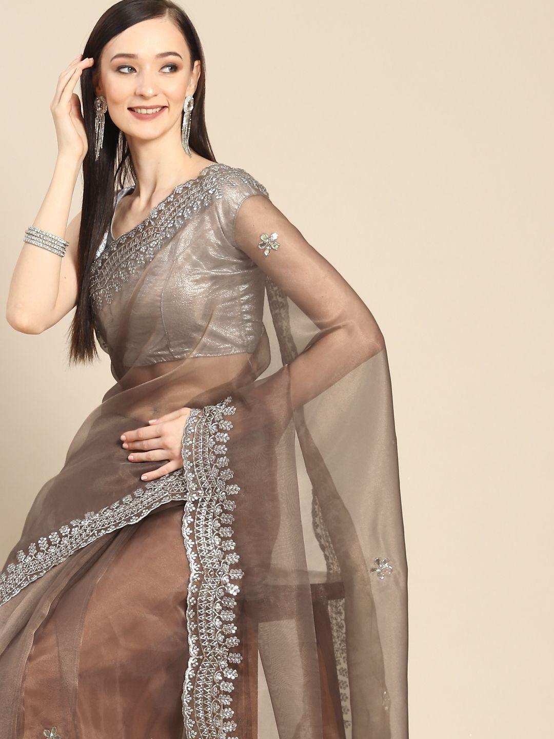 anouk copper & silver-coloured sequinned organza saree