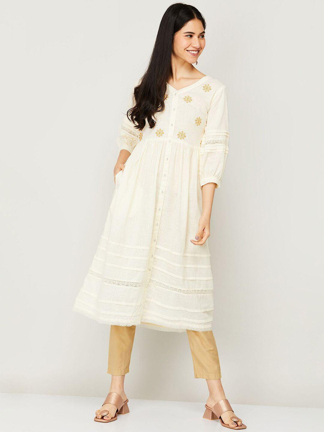 melange by lifestyle women off white striped thread work kurta