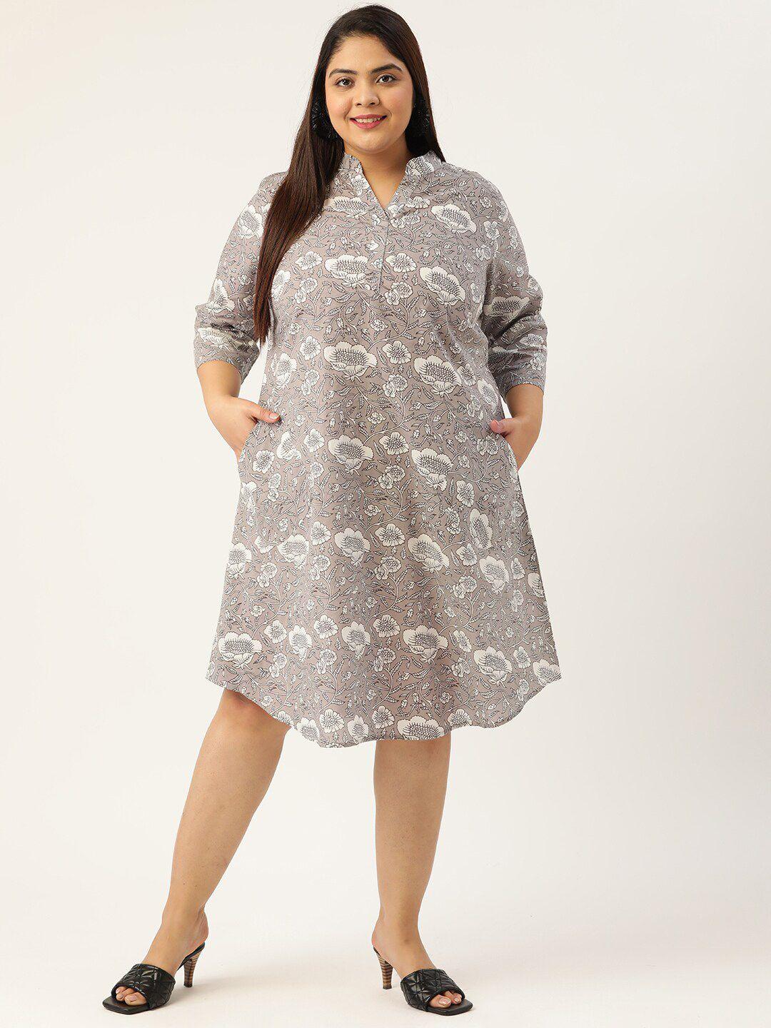 therebelinme plus size grey floral pure cotton sheath dress