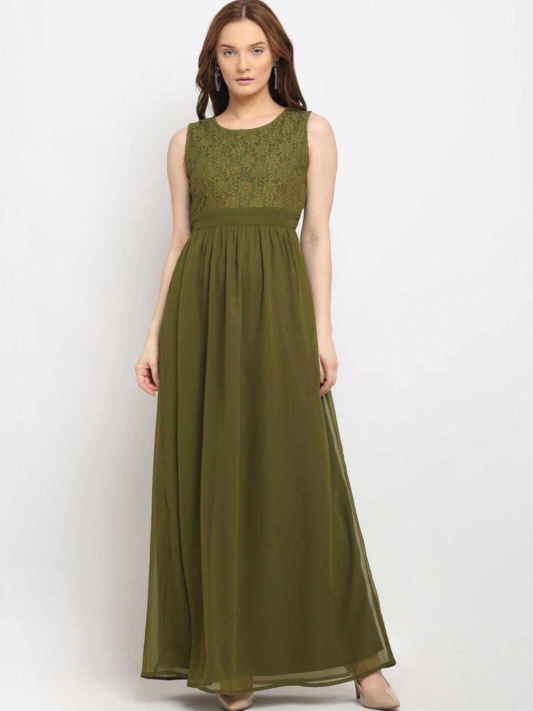 la zoire women olive green solid lace yoke design georgette maxi dress