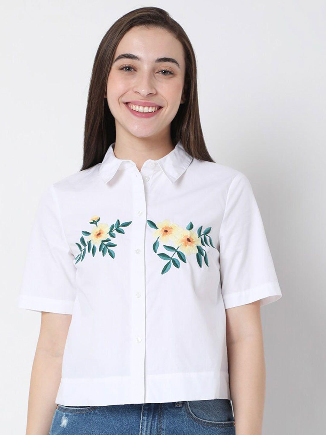 vero moda women white floral embroidered casual crop shirt