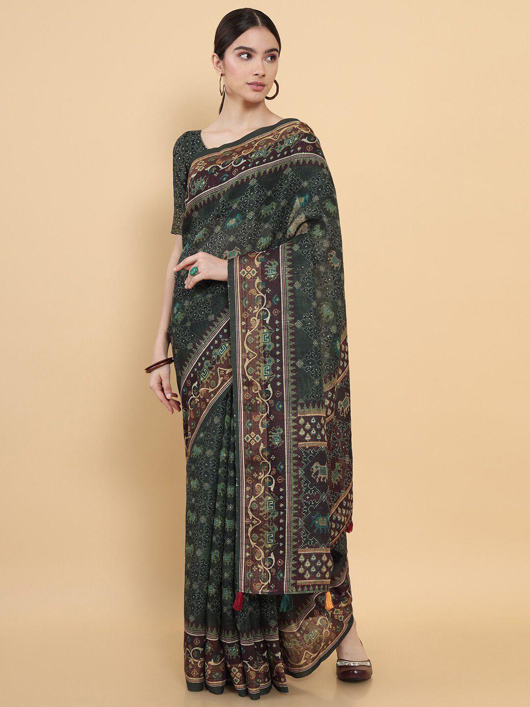 soch olive green & brown ethnic motifs printed poly cotton saree