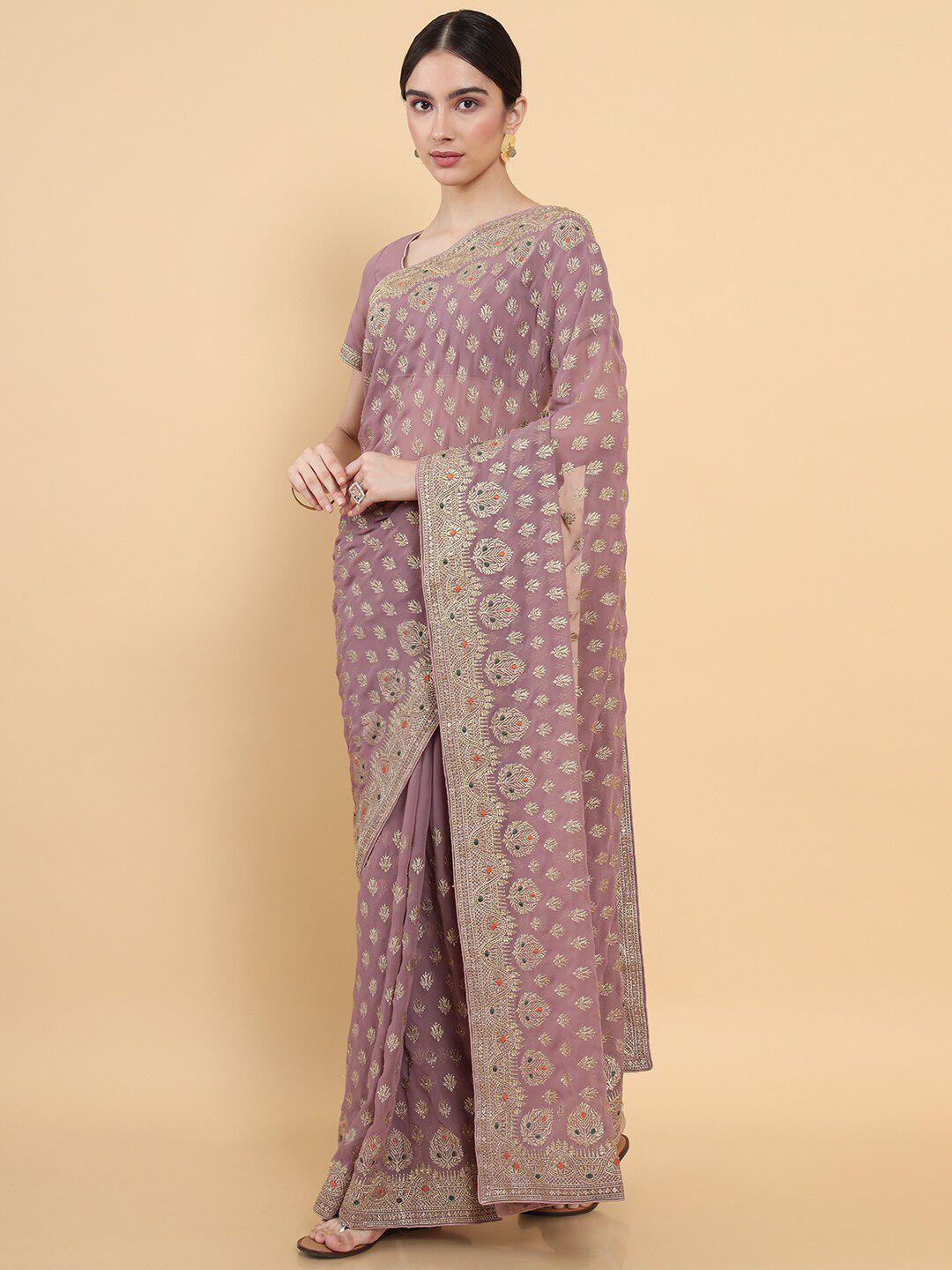 soch purple & gold-toned floral zari pure georgette saree