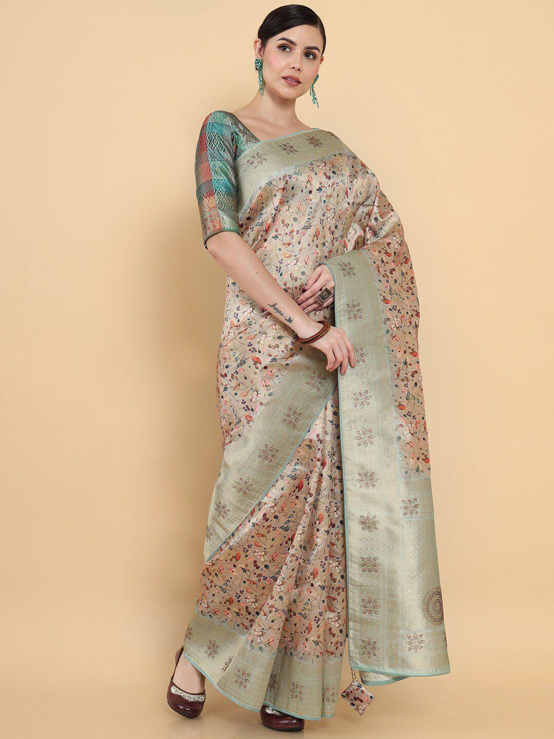 soch beige & pink floral printed polycotton saree