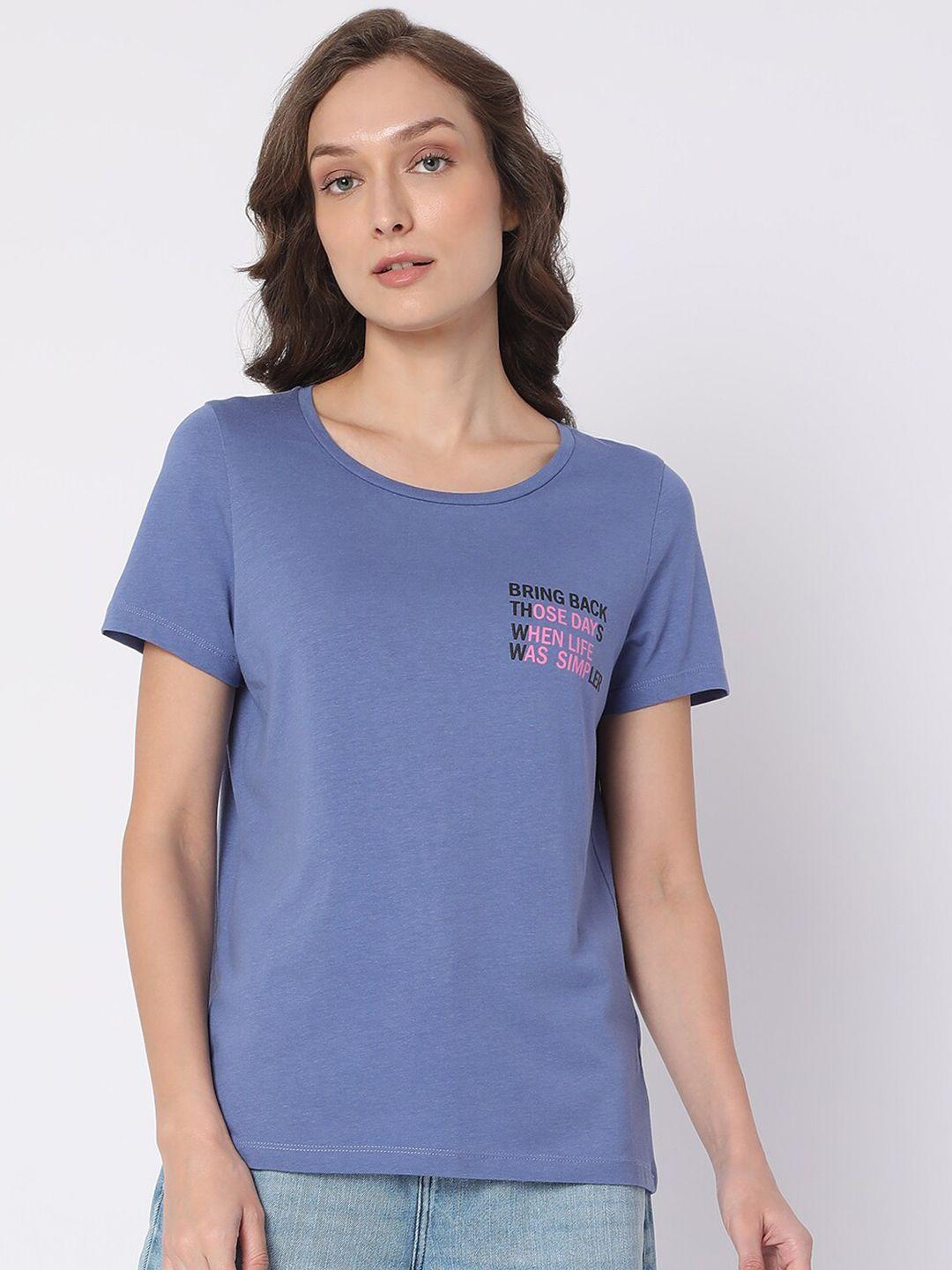 vero moda women blue typography printed t-shirt