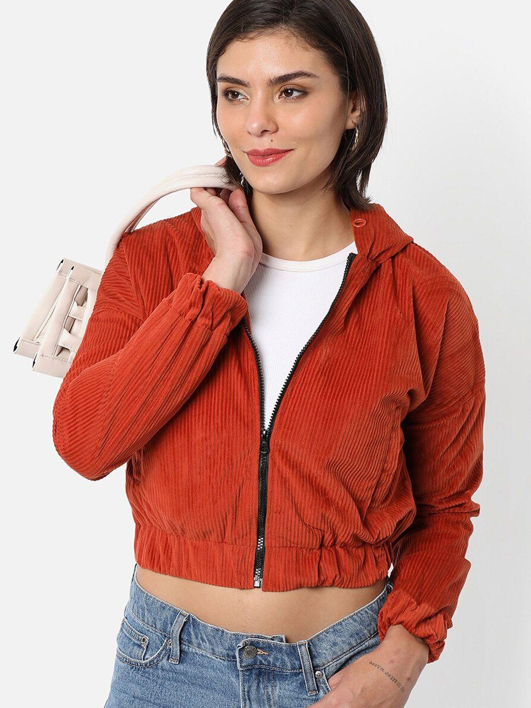 campus sutra women orange windcheater crop outdoor bomber jacket