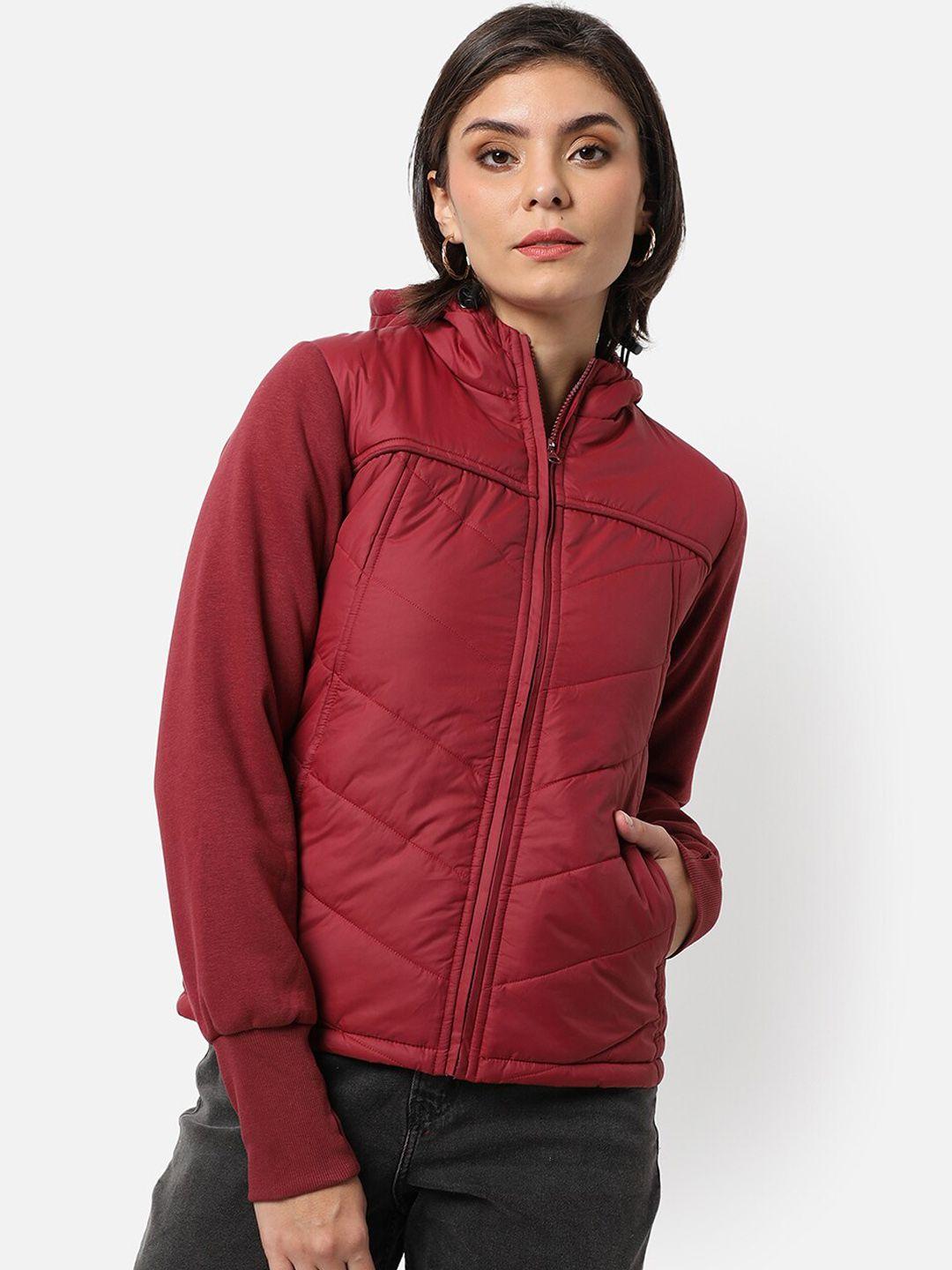 campus sutra women red solid windcheater longline outdoor puffer jacket