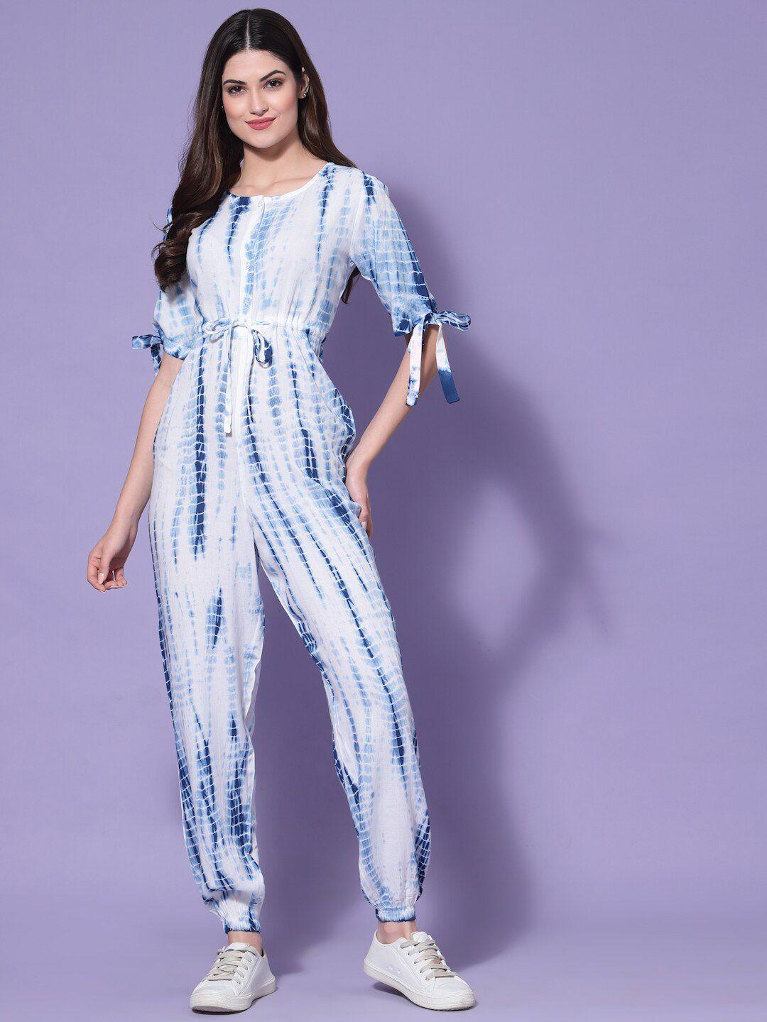 kassually white & blue printed cotton basic jumpsuit