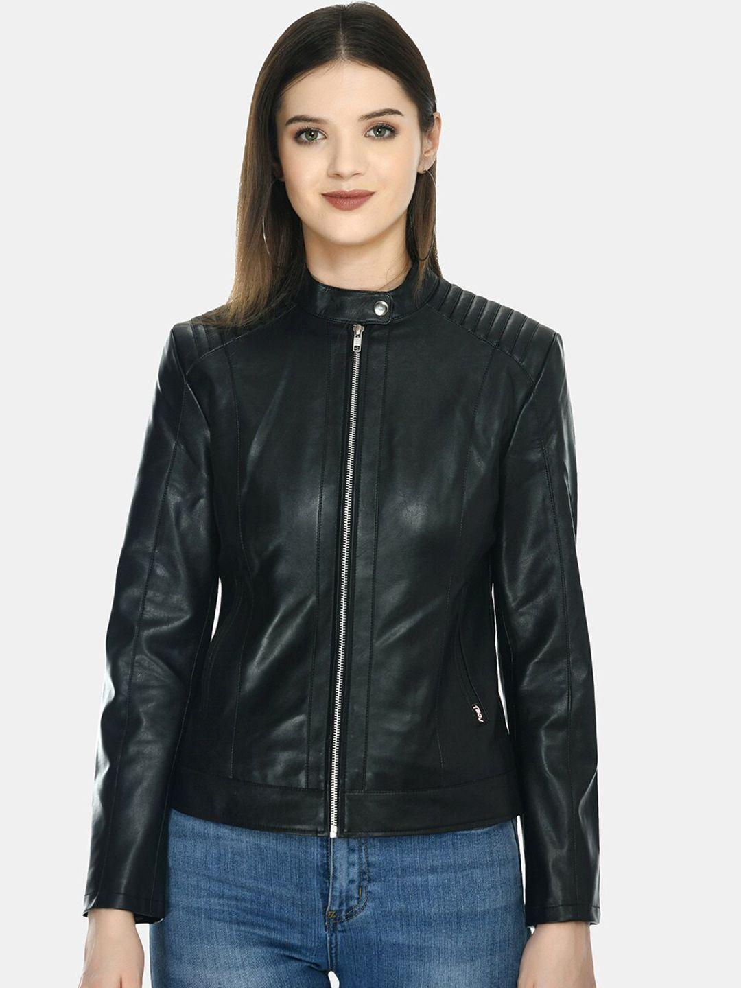 tboj women black leather lightweight outdoor biker jacket