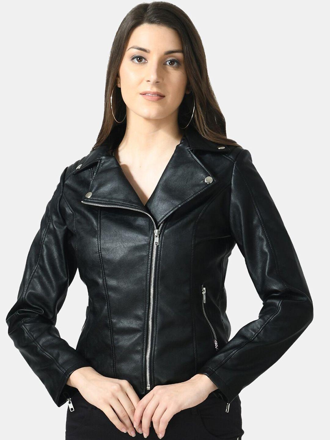 tboj women black lightweight faux leather crop jacket