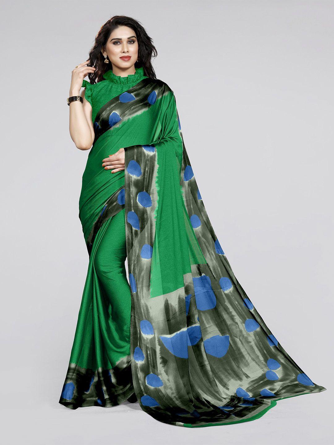 mirchi fashion women green & blue printed saree