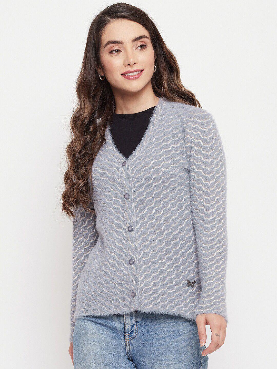 duke women grey & white self designed wool cardigan