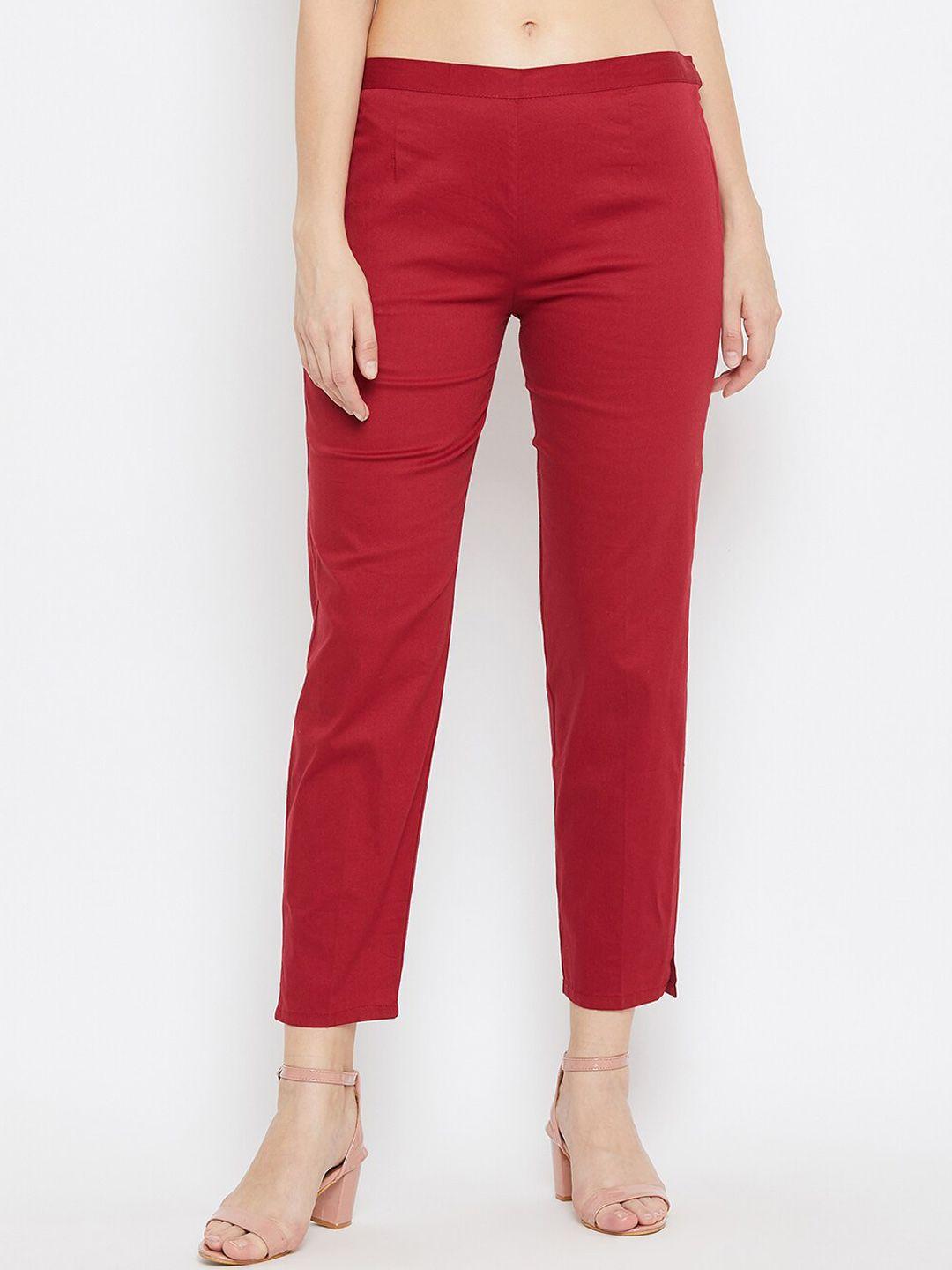 clora creation women maroon smart easy wash regular fit trouser