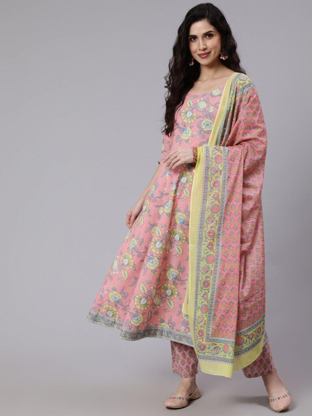 the nks plus women peach-coloured ethnic motifs printed pure cotton kurta with trousers & with dupatta