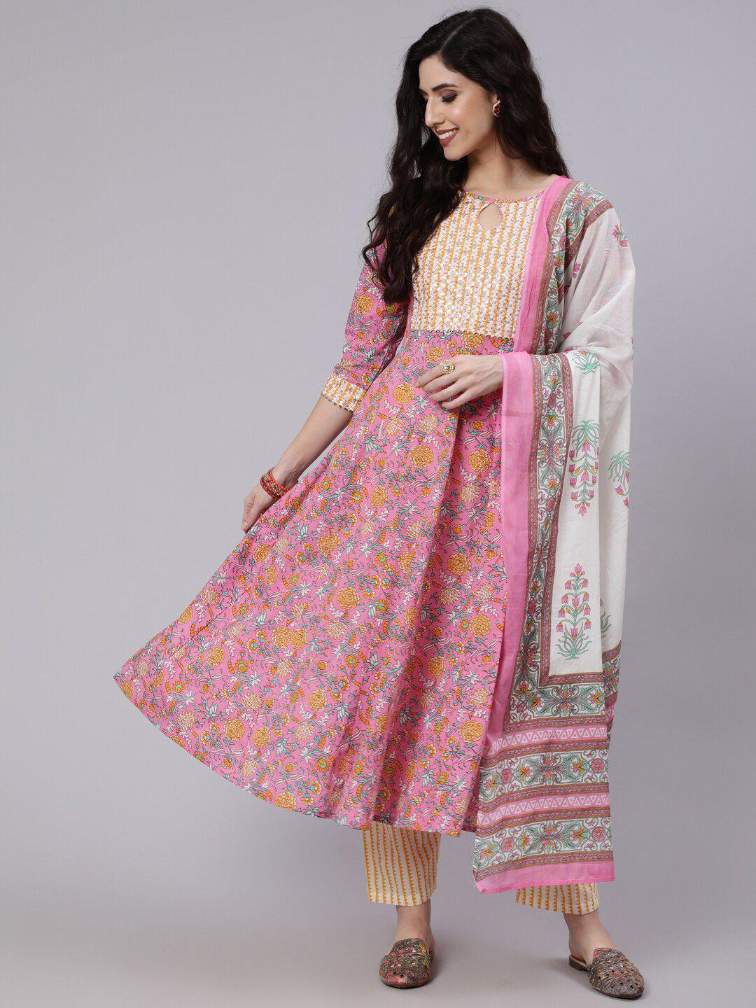 the nks plus women pink ethnic motifs printed pure cotton kurta with trousers & with dupatta