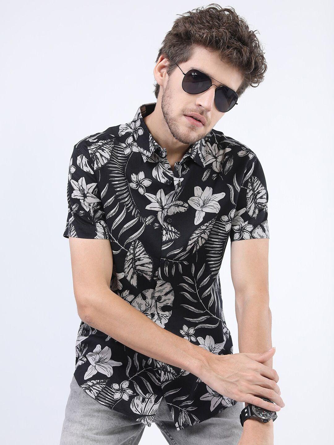 highlander men black slim fit floral printed casual shirt