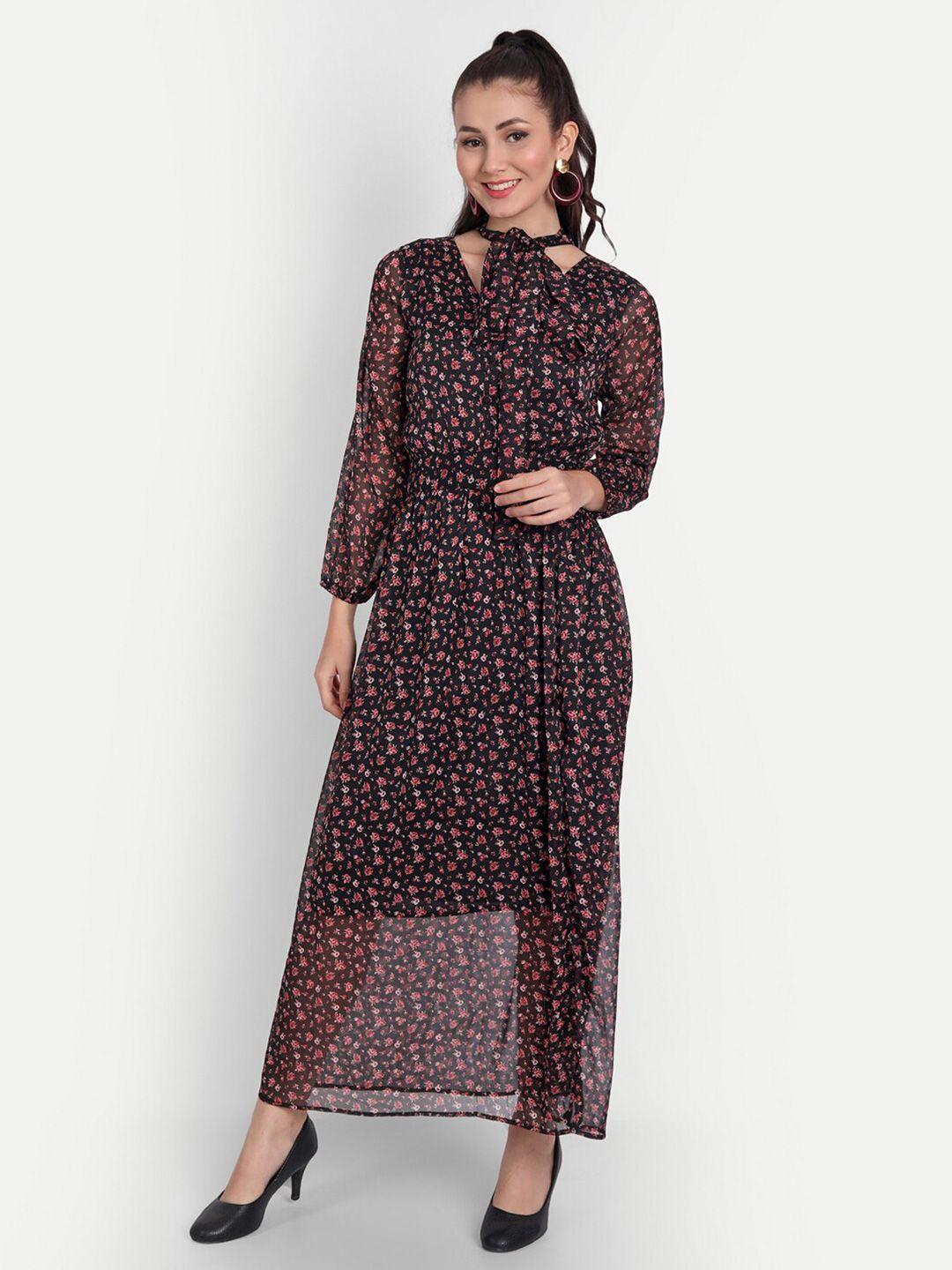 isam black floral tie-up neck chiffon maxi dress